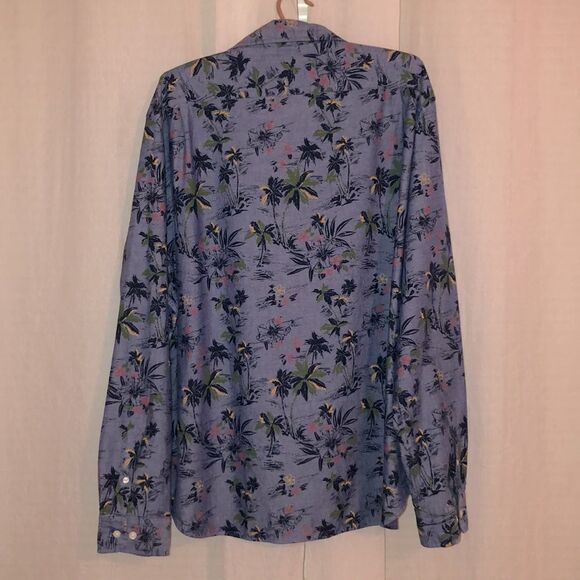 Nautica XXL Chambray Tropical Print Blue Button Down Casual Long Sleeve Shirt - Picture 2 of 13